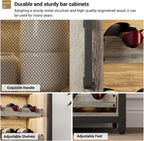Vintage Industrial Wine Bar Cabinet with Adjustable Wine Racks and Glass Holders, Mesh Door Sideboard Storage Cabinet for Living Room, Kitchen, Dining Room, Compact Design, Gray with Light