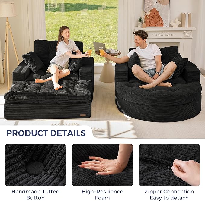MAXYOYO Modular Sectional Chaise Lounge Sofa, 2 Sets Upholstered Lounge Chair with Ottoman, Comfy Round+ Square Couch with Layered Cushion, Tufted Sleeper Chair for Living Room, No Assembly, Black
