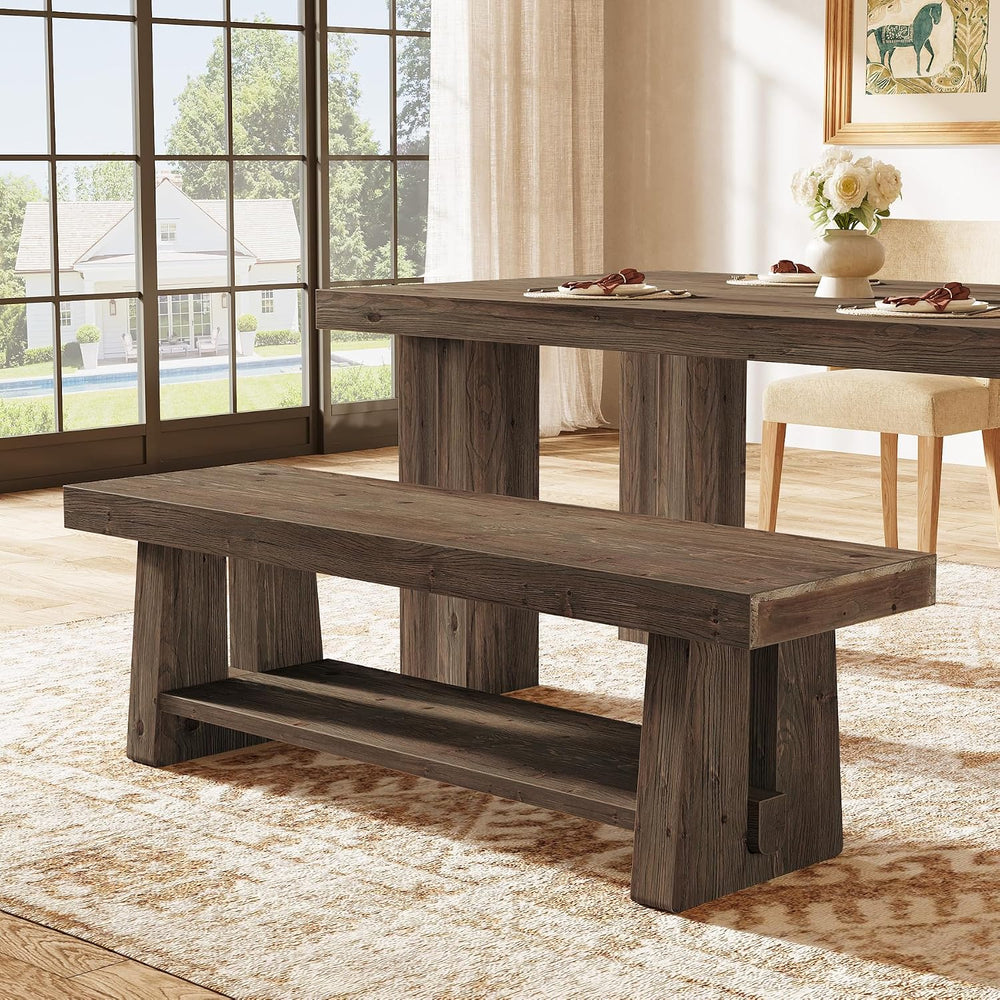 63'' Solid Wood Entryway Bench with Open Shelves, 2-Tier End of Bed B...