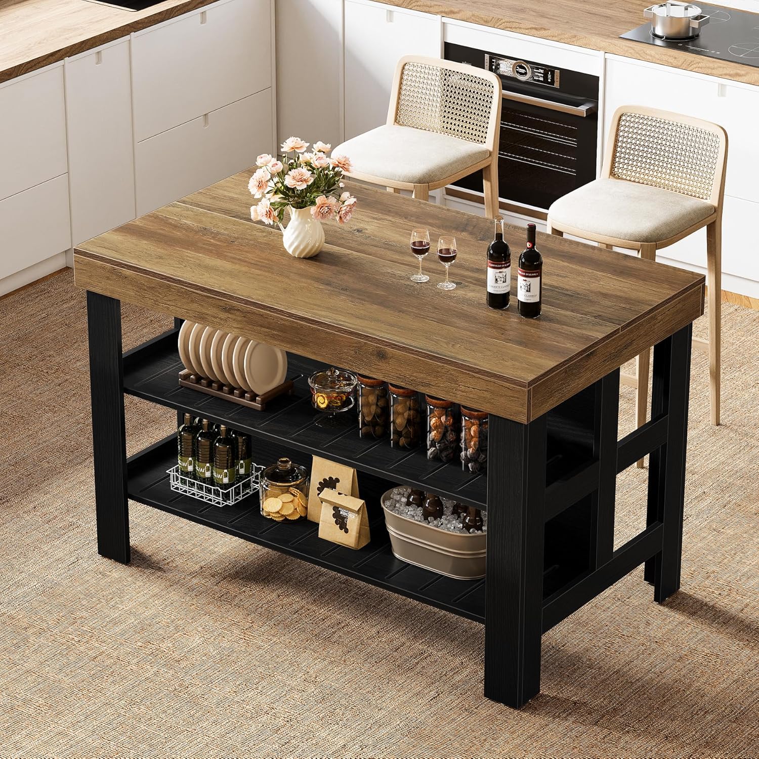 Tribesigns Kitchen Island with Seating and Storage Shelves, 55.1-Inch Breakfast Counter Farmhouse Island Table for Kitchen Dining Room (Brown and Black)