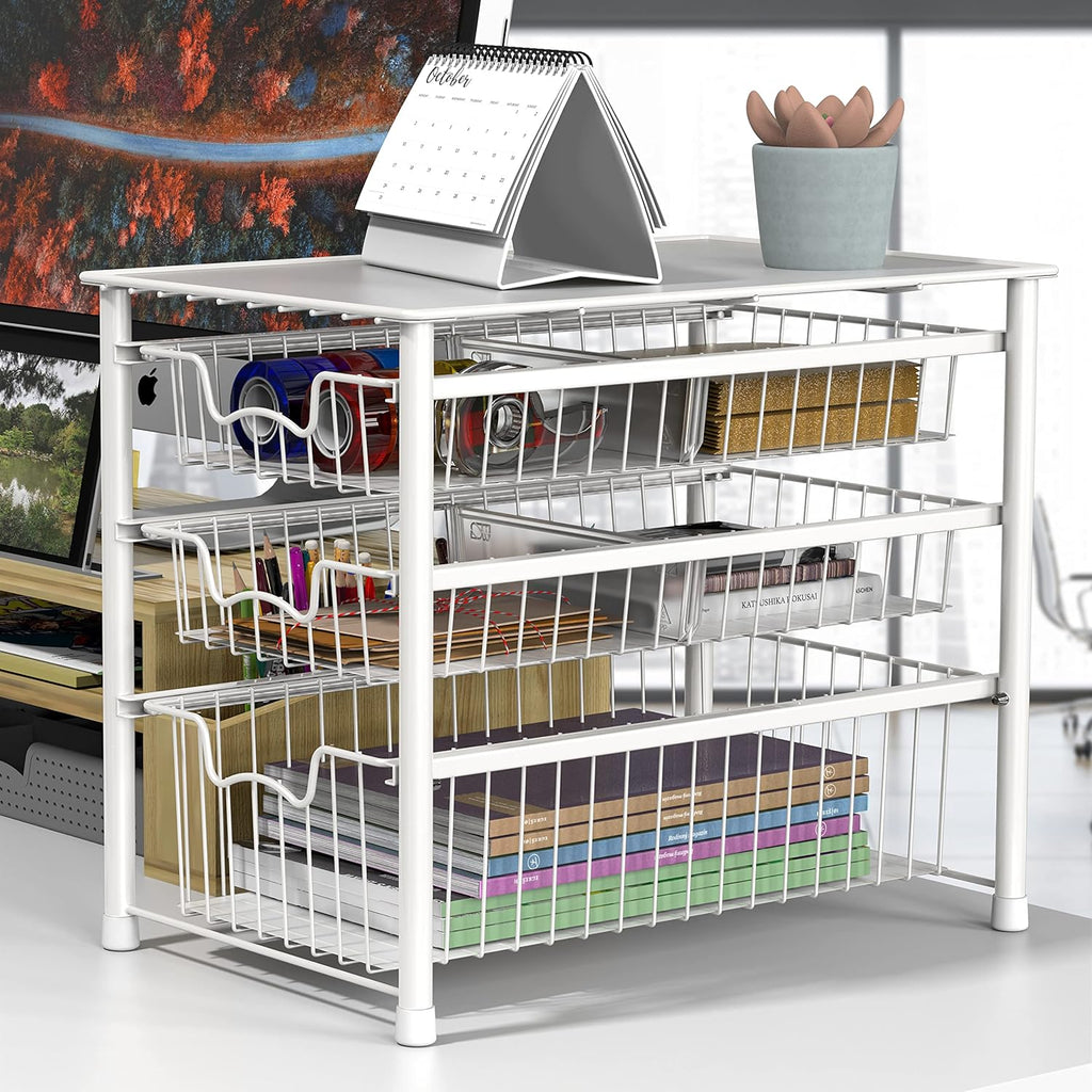 Simple Houseware 3-Tier Stackable Sliding Basket Storage Organizer Drawer for Bathroom and Kitchen, White