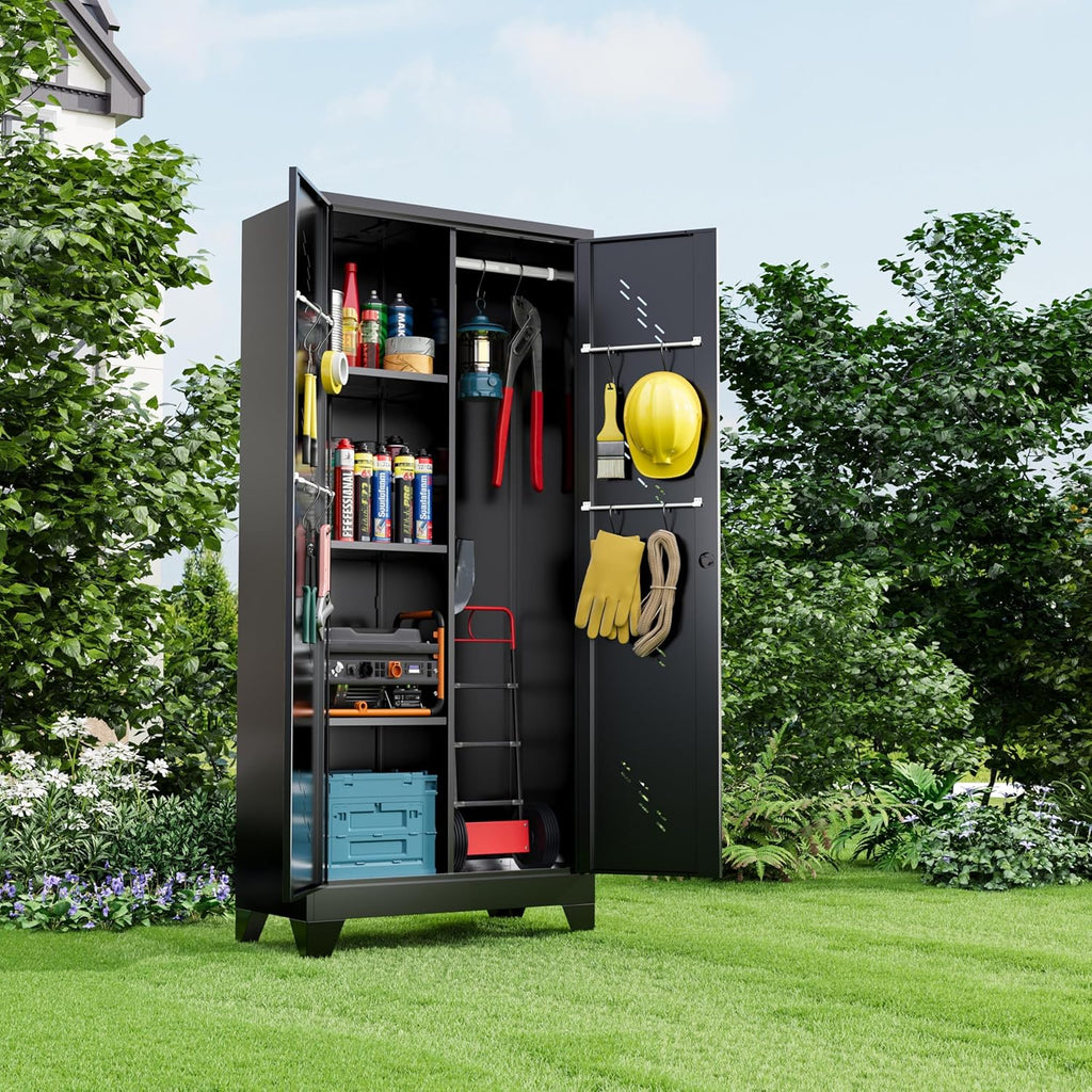 Metal Storage Cabinet 71" H, Garege Storage with Stainless Steel Bottom, Black Cleaning Supplies Organization Cabinet with Lockable Doors and Hanging Rod for Outdoor, Home Office