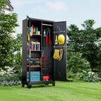 Metal Storage Cabinet 71" H, Garege Storage with Stainless Steel Bottom, Black Cleaning Supplies Organization Cabinet with Lockable Doors and Hanging Rod for Outdoor, Home Office