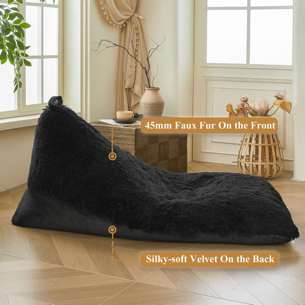 XeGe Fluffy Kids Stuffed Animal Storage Bean Bag Cover (No Filler), Plush Fuzzy Faux Fur Beanbag Organizer with Handle for Teens Girls Adults, Shaggy Furry Plush Toys Holder Floor Lounger Chair, Black