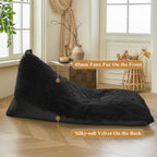 XeGe Fluffy Kids Stuffed Animal Storage Bean Bag Cover (No Filler), Plush Fuzzy Faux Fur Beanbag Organizer with Handle for Teens Girls Adults, Shaggy Furry Plush Toys Holder Floor Lounger Chair, Black