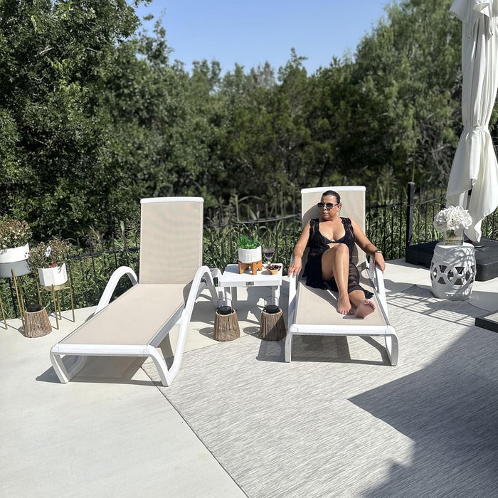 PURPLE LEAF Patio Chaise Lounge Set of 3 with Arm and Table, Plastic, Khaki