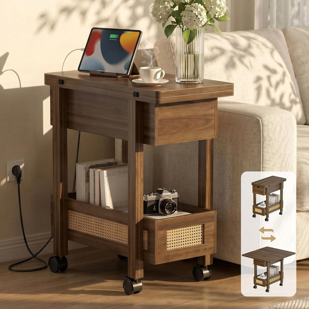 YOSHOOT Flip Top End Table with Charging Station, Narrow Side Table | 13&quot...