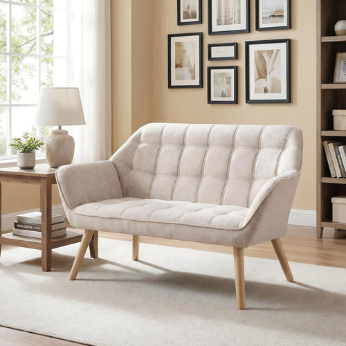 48”Small Loveseat Sofa, Modern Linen Upholstered Mini Couch 2-Seater Fluffy Love Seat with Quilting Backs and Wood Legs for Small Space Living Room, Bedroom, Beige