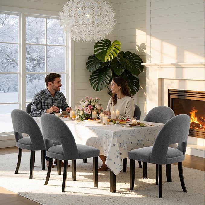 Upholstered Dining Chairs Set of 2, Mid Century Modern Dining Kitchen Chairs with Solid Wood Legs & Fabric Backret for Kitchen and Dining Rome, Grey