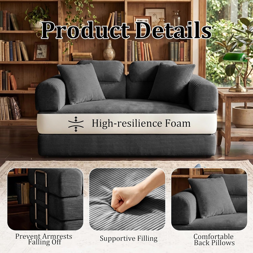 Convertible Sofa Bed with High Backrest Headrest Boneless Loveseat Sleeper Folding Couch Bed with 4 Pillows Futon Couch for Bedroom,Apartment Living Room, No Assembly (Pink, 59.0” Hight Backrest Sofa)