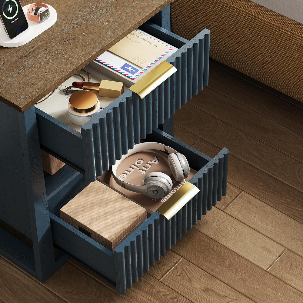 HIFYOBRO Fluted End Table with Charging Station and Motion Sensor Light, Mode...