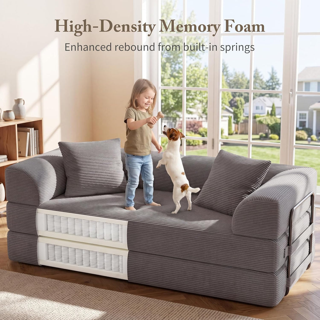 Cloud Boneless Couch Futon Sofa Bed, 5-in-1 Convertible Sofa Bed Pull Out Couch Sleeper Sofa Compressed Loveseat, 70" High-Density Sponge & Corduroy Fabric Futon Daybed for Living Room Bedroom (Gray) | 5-in-1 Convertible