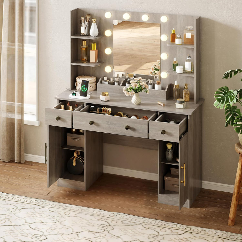 HUANLEGO Vanity Desk with Mirror and Lights, Makeup Vanity with Mirror and LE...