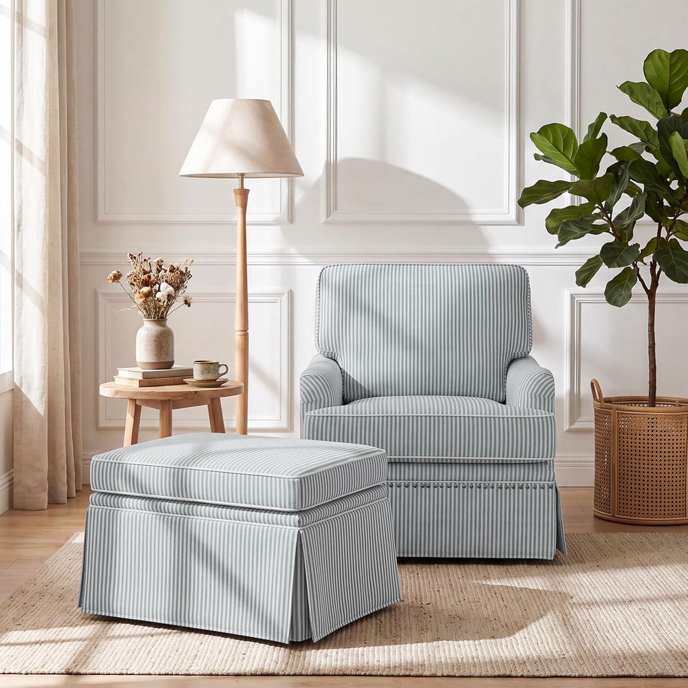 Swivel Accent Chair with Ottoman, Pinstripe Blue