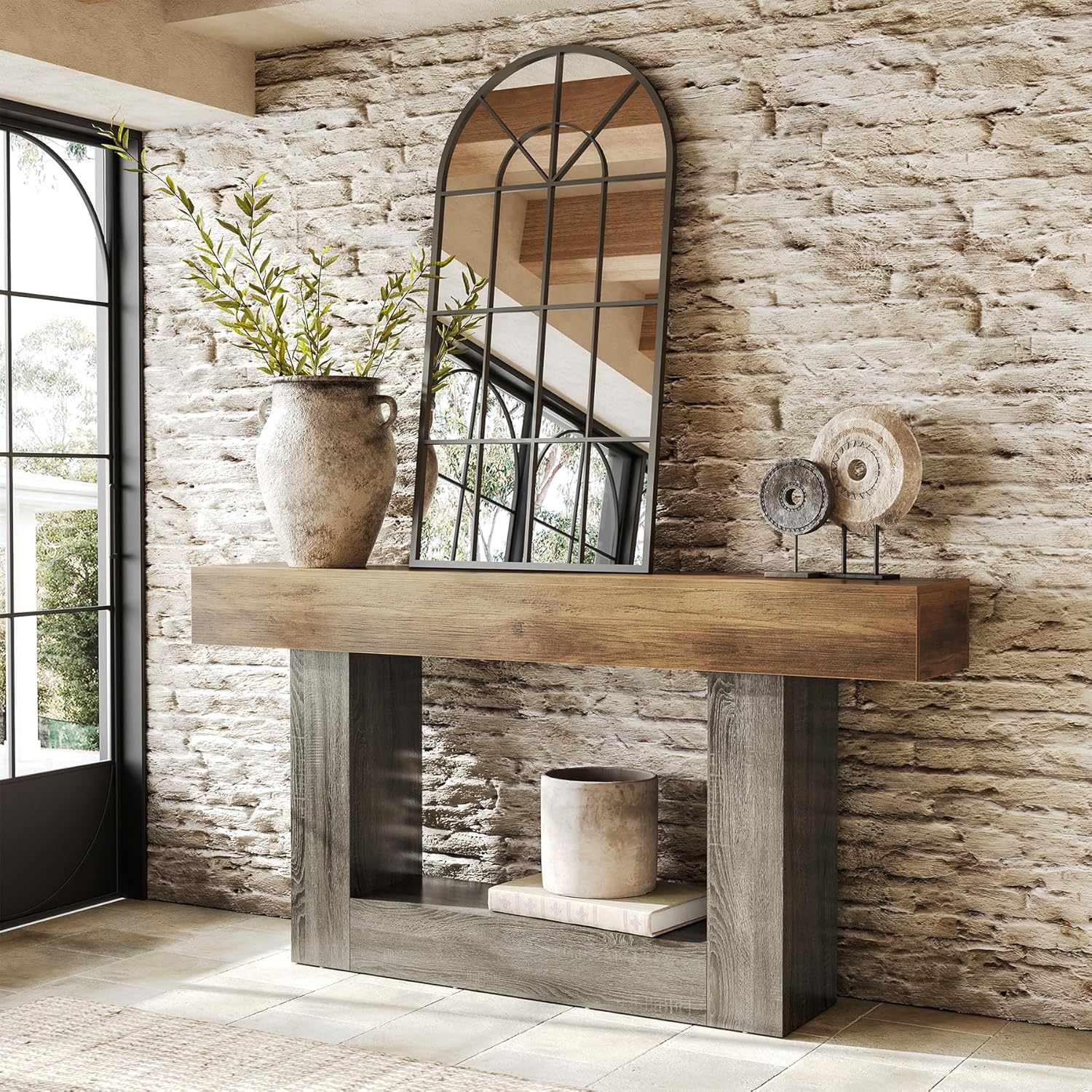 LITTLE TREE 63 Inches Long Console Table, 2-Tier Farmhouse Sofa Table Behind Couch, Large Narrow Entryway Table for Living Room, Wooden Hallway Foyer Table with Heavy Duty Base, Rustic Brown and Grey
