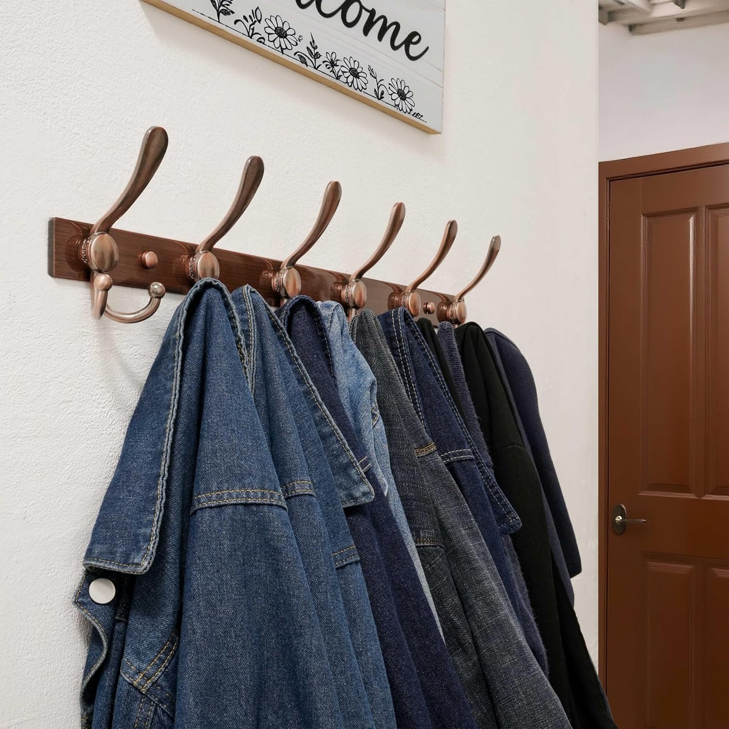 Dseap Coat Rack Wall Mount 2.0 Pro: 24” Long, 3X Tougher, Heavy Duty Stainless Steel Wall Coat Hanger with 6 Tri Hooks for Clothes Jackets Hats Entryway Closet, Antique Copper