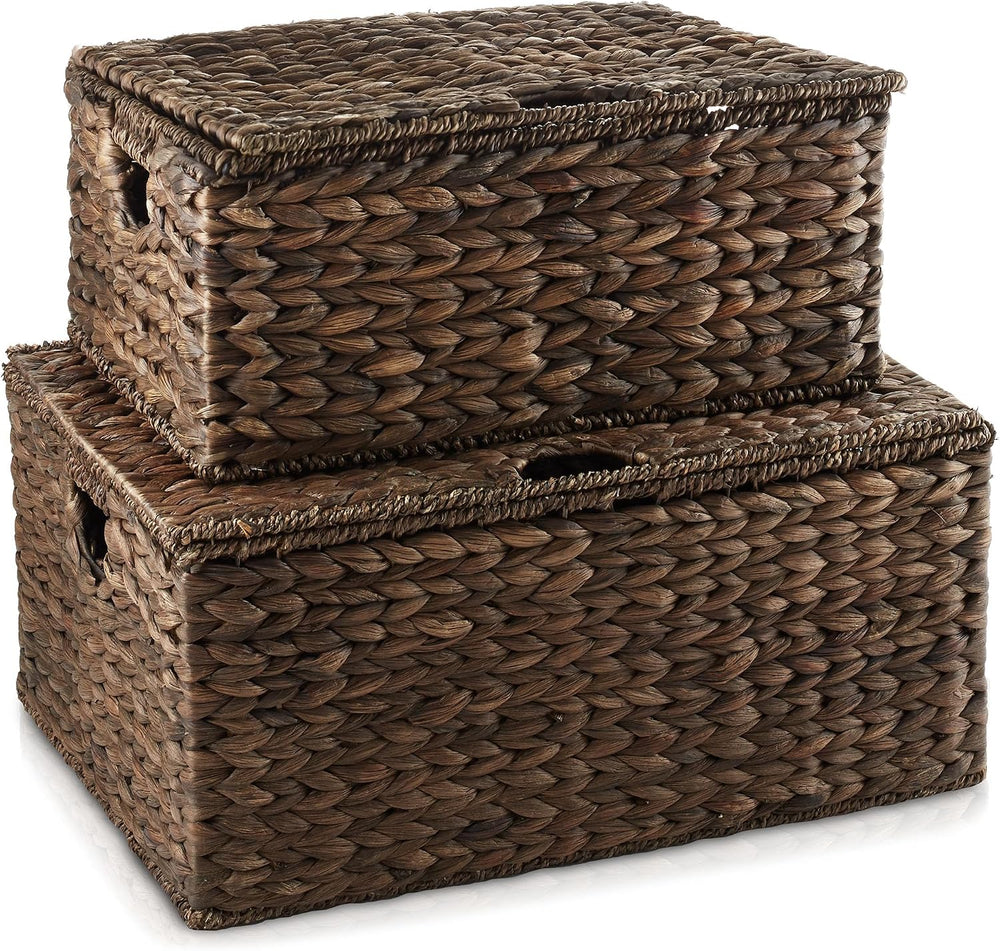Casafield Set of 2 Water Hyacinth Rectangular Storage Baskets with Lids (Espr...