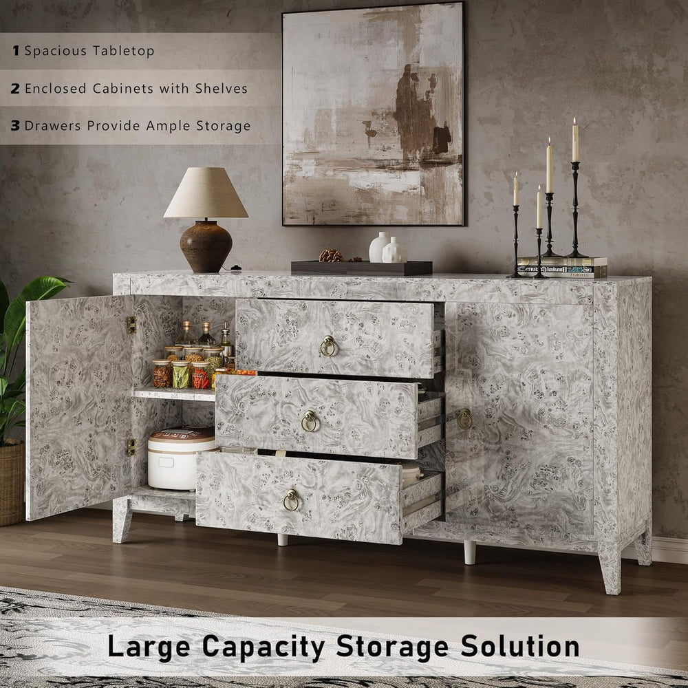 LUXOAK 60'' High Gloss Burl Wood Buffet Sideboard, Storage Cabinet wi...