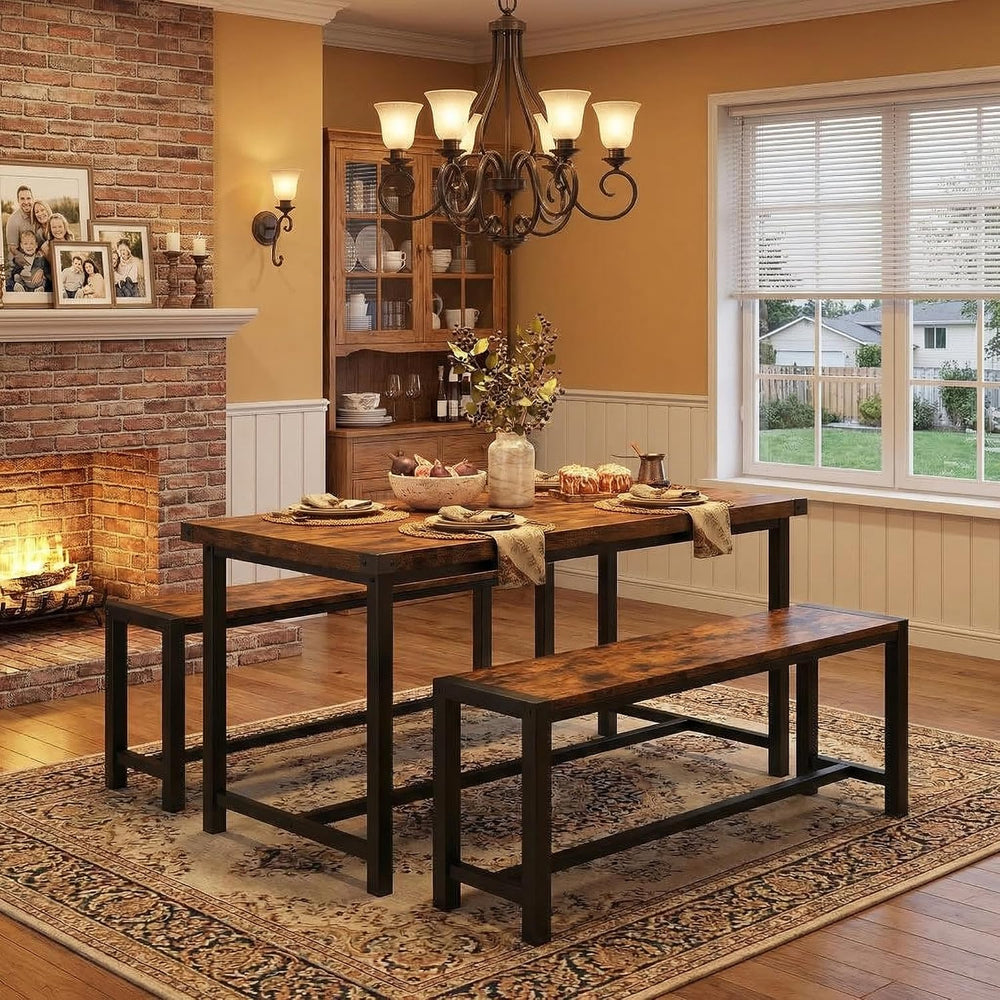 GAOMON Dining Table Set for 4, Wooden Kitchen Table with 2 Benches, 3 Piece R...