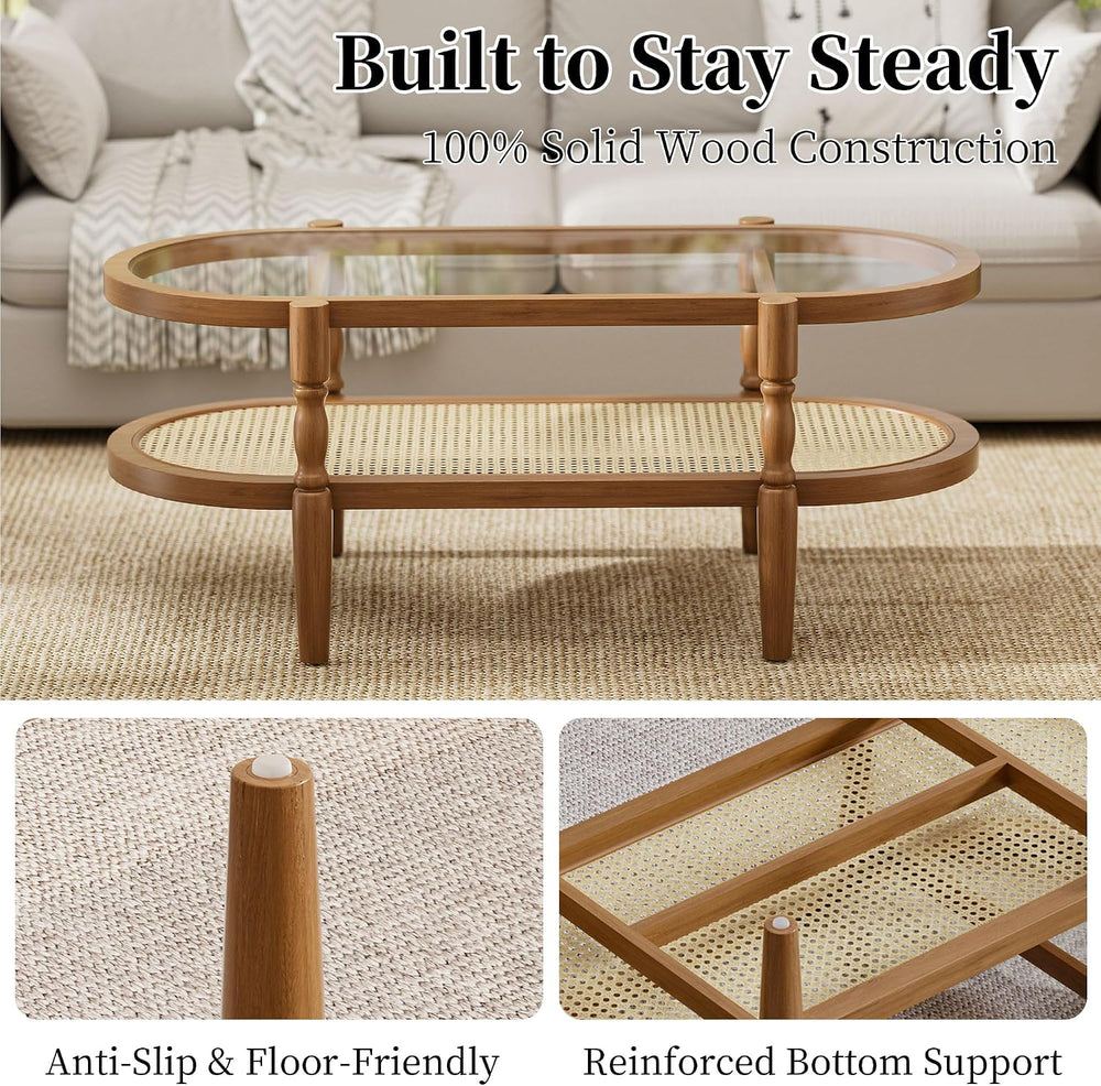 Rattan Coffee Table for Living Room, Oval Wood Glass Table, Brown, 40 inch