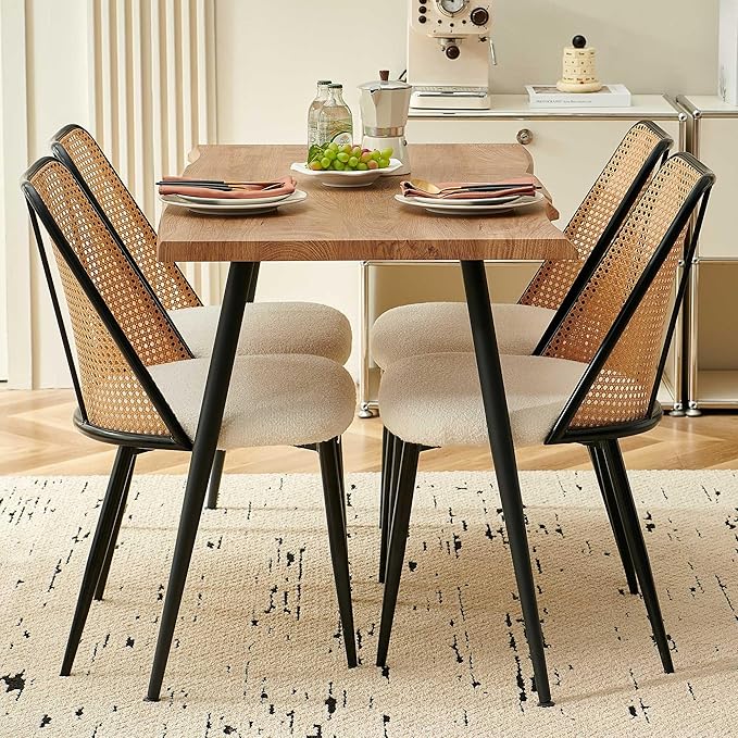 Modern Dining Room Table Set for 4, 5 Pieces Kitchen Table Set with 4 Upholsetered Boucle Dining Chairs Curved Rattan Backrest, Engineered Wood Dining Table Set for Breakfast Nook Coffee