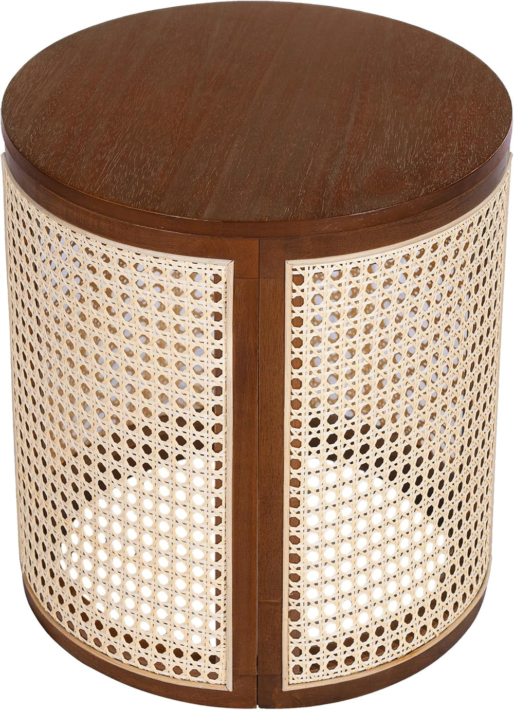 Round Side Table with Rattan Weave Panels, Dark Brown Rubber Solid Wood, 15.7...
