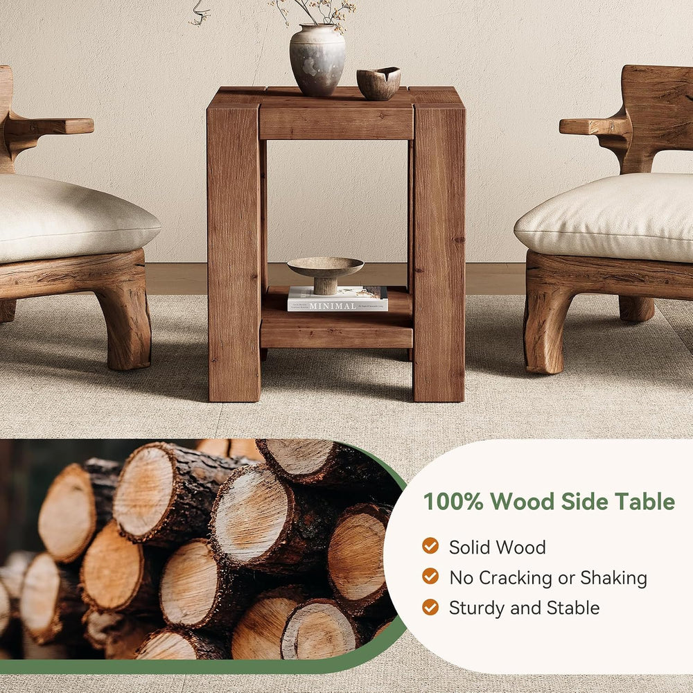 Solid Wood Side Table Set of 2, Farmhouse 2-Tier End Tables with Storage Shel...