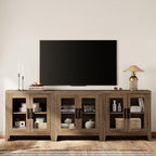WAMPAT Farmhouse TV Stand for TVs up to 85”, Rustic Wood Entertainment Center with Adjustable Shelf, Glass Doors & Storage, Media Console Cabinet for Living-Room, Bedroom, Brown