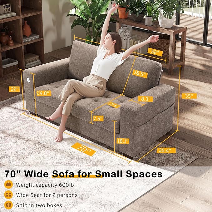 Hanherry 70" Loveseat Sofa for Living Room, Modern Comfy Couch with Medium Firm Seat Cushion, Removable Cover,Wide Armrest,USB/Type-C Port,Chenille Fabric Couches for Small Space,Apartment,Bedroom