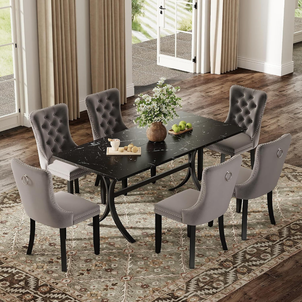7-Piece Modern Dining Table Set, 63" Rectangular Black Faux Marble Dining Table with Curved Metal Legs and 6 Gray Velvet Upholstered Dining Chairs with Solid Wood Legs, Kitchen Furniture