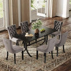 7-Piece Modern Dining Table Set, 63" Rectangular Black Faux Marble Dining Table with Curved Metal Legs and 6 Gray Velvet Upholstered Dining Chairs with Solid Wood Legs, Kitchen Furniture
