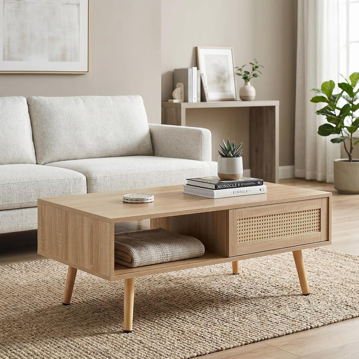 Meihua Rattan Coffee Table with Sliding Door Storage Mid Century Table
