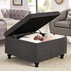 Upholstered Linen Storage Ottoman Bench with Wooden Legs,Button Tufted Coffee Table W/Nail Trims,for Living Room,Bedroom,Entryway,Easy to Assemble,Dark Gray