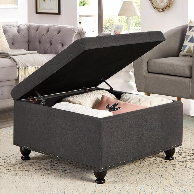 Upholstered Linen Storage Ottoman Bench with Wooden Legs,Button Tufted Coffee Table W/Nail Trims,for Living Room,Bedroom,Entryway,Easy to Assemble,Dark Gray