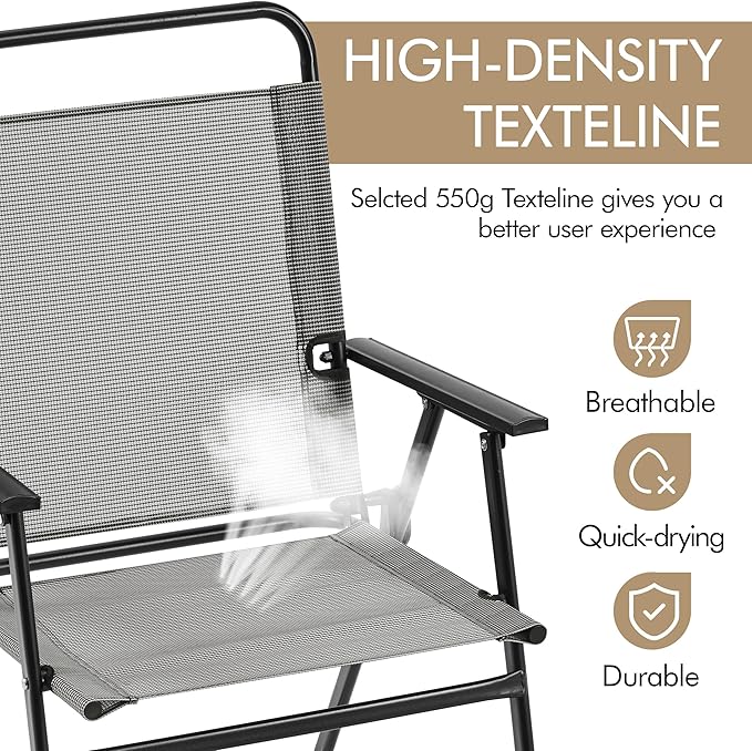 Yaheetech Outdoor Patio Chairs Set of 4, Folding Patio Chairs with Metal Frame, Armrests, Portable Dining Chairs for Camping, Lawn, Garden and Porch, Gray