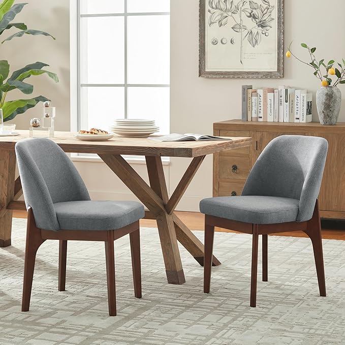 VKNOW Wooden Dining Chairs Set of 2, Upholstered Dining Room Chairs with Rubberwood Legs and Padded Seats, Kitchen Chairs for Restaurant Kitchen Living Room, Grey
