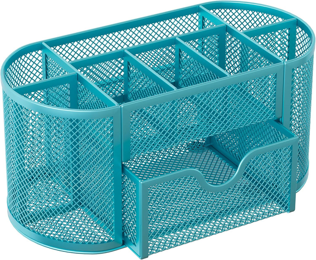 EasyPAG Mesh Pen Holder Desk Organizer with Drawer Stationery Supplies Organizer for Dorm School 9 Compartments Workspace Desk Accessories Organization for Office, Blue