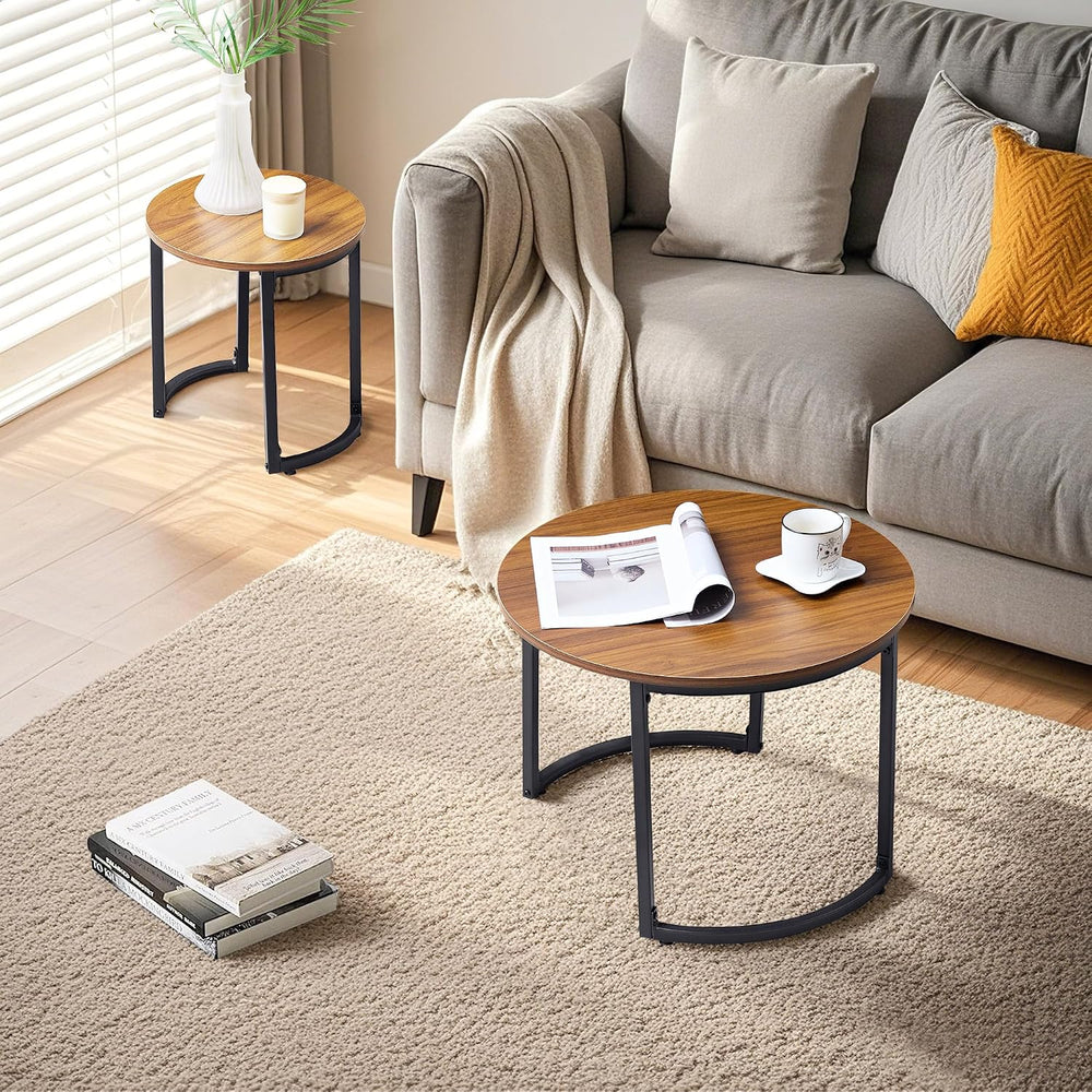 VECELO Nesting Coffee Table Set of 2, Wood Round Side Tables with Adjustable ...