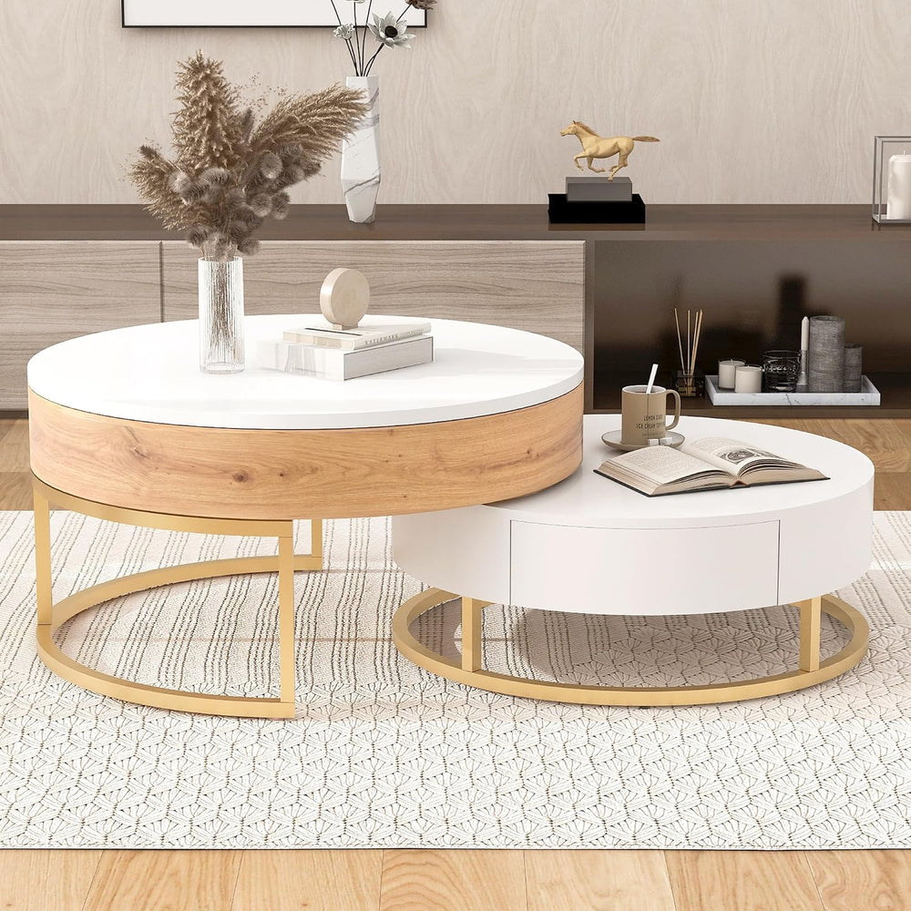 Modern Round Lift-top Nesting Coffee Tables with 2 Drawers Multiple End Table...