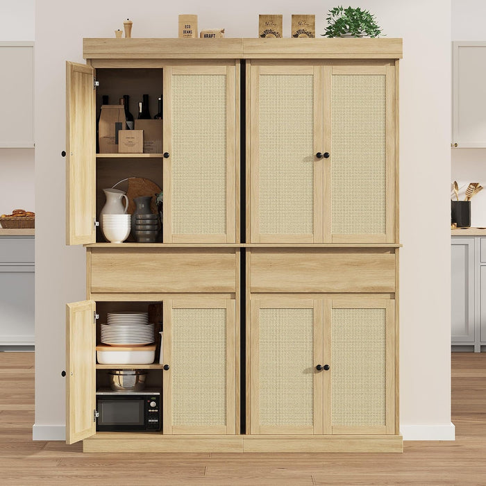 GarveeHome Kitchen Pantry Cabinet, Tall Storage Cabinet with Rattan Doors and Adjustable Shelves, Freestanding Cupboard with Drawer for Bathroom, Dining Room, Living Room, Natural Oak