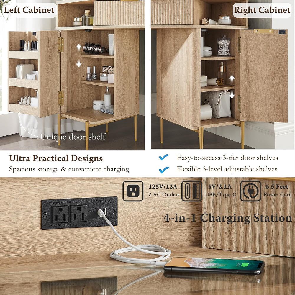 T4TREAM 48" Corner Makeup Vanity with Lighted Triple Mirror, Natural Oak...