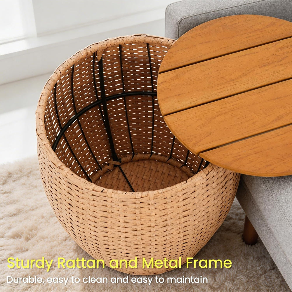 Wicker Side Table Set of 2, Round End Tables with Storage Basket, Multifuncti...