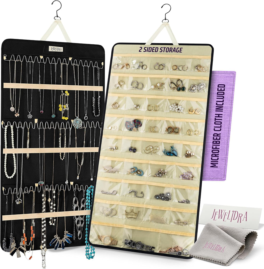 Hanging Jewelry Organizer 34.7 x 17.2 inches XL Size with Clear Pockets & Hooks – Double-Sided Necklace, Earrings & Rings Storage Holder – Space-Saving Closet Organizer for Women