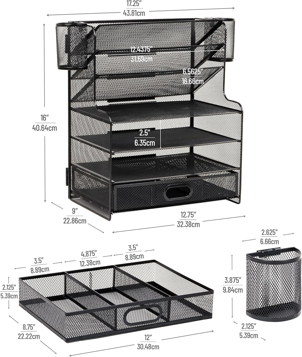 Mind Reader Mesh Desk Organizer, 6 Compartments, 1 Drawer, 2 Pen Cups, Office Desktop Organizer, Metal Mesh, Black