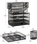 Mind Reader Mesh Desk Organizer, 6 Compartments, 1 Drawer, 2 Pen Cups, Office Desktop Organizer, Metal Mesh, Black