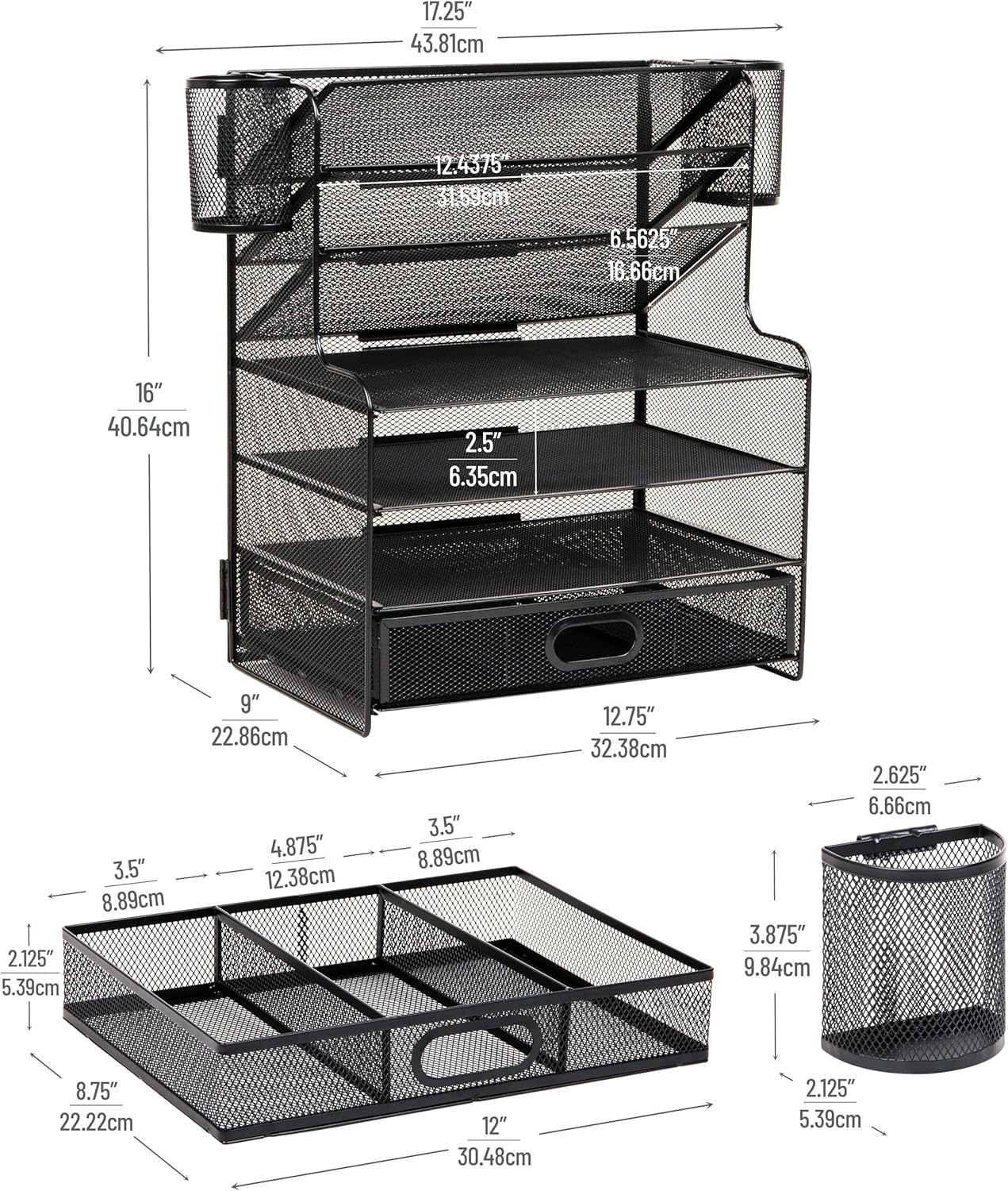 Mind Reader Mesh Desk Organizer, 6 Compartments, 1 Drawer, 2 Pen Cups, Office Desktop Organizer, Metal Mesh, Black