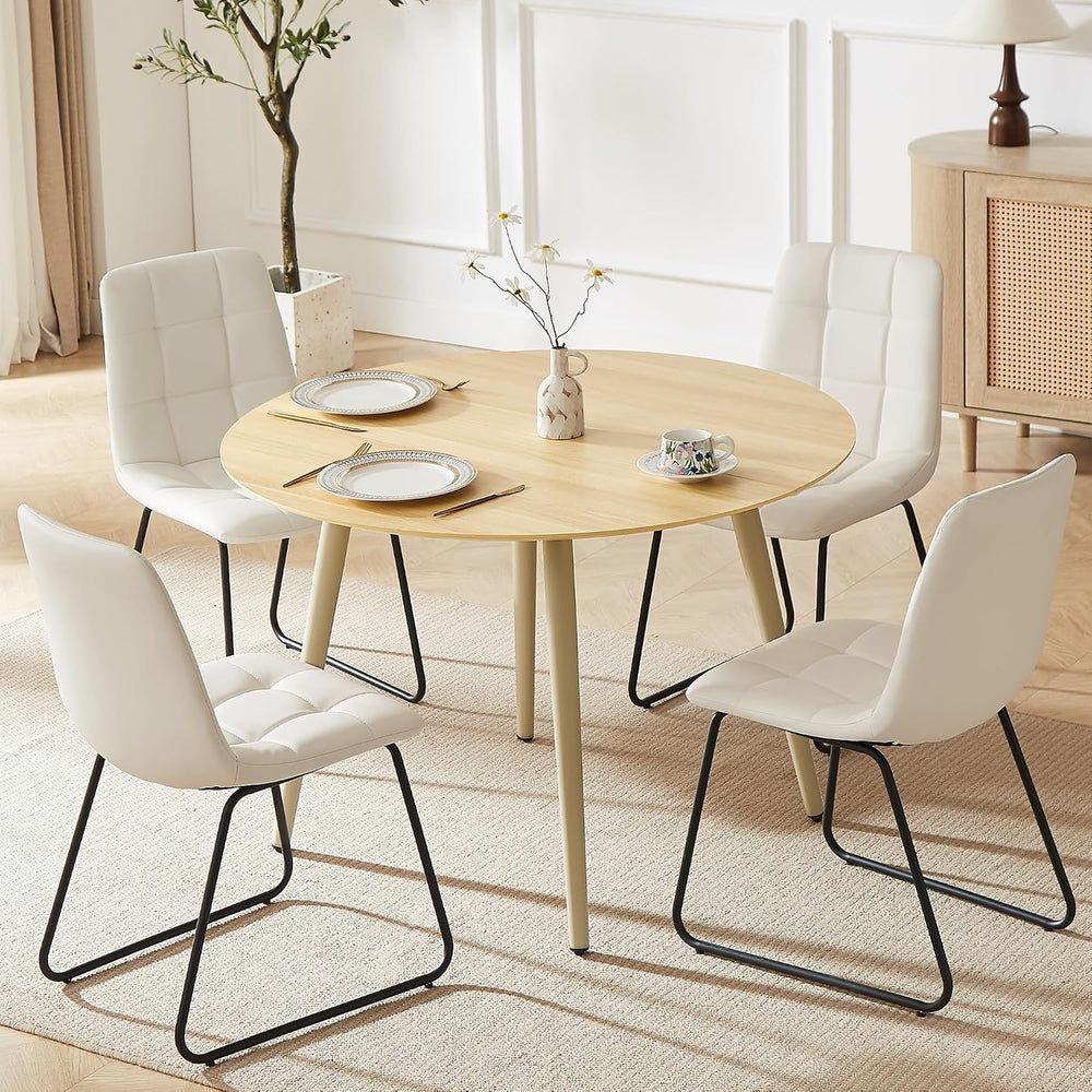 HIPIHOM Round Dining Table Set for 4, Cream Table with 4 PU White Chairs | 43...