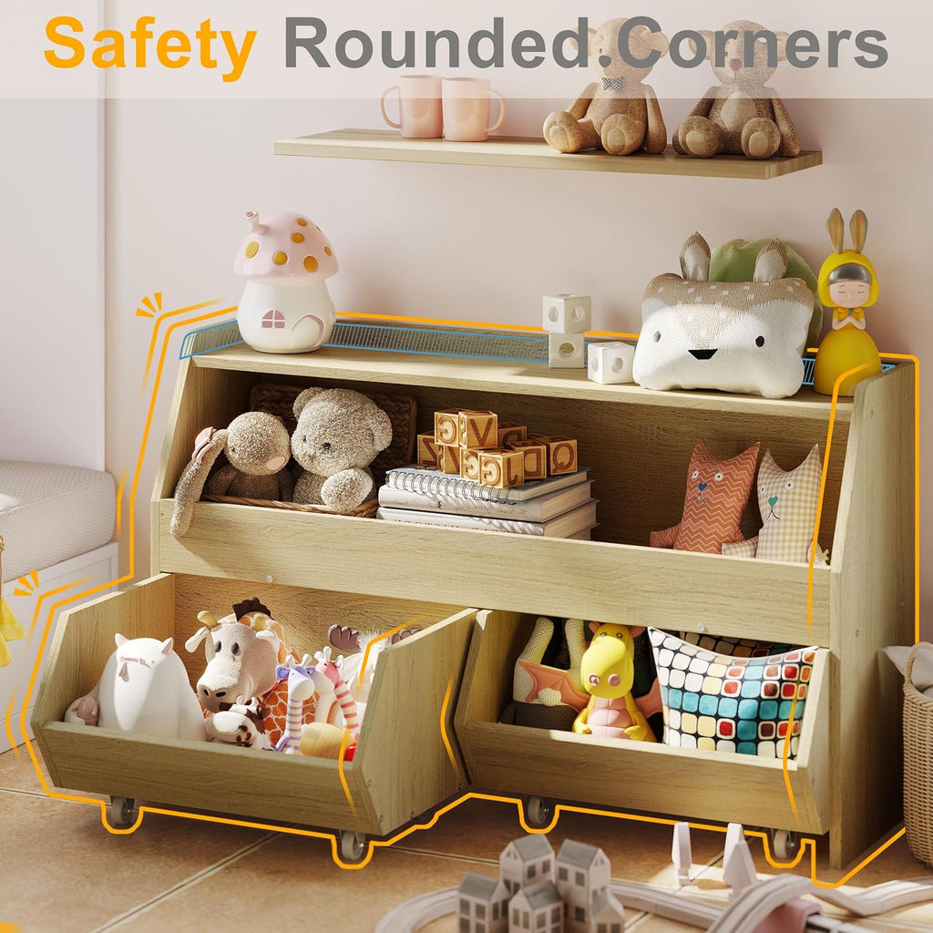Toy Storage Organizer for Kids, Toy Storage Cabinet with Drawers, Boys and Girls Toy Shelf with Wheels, Toy Organizer Kids Bookshelf with Storage for Nursery, Playroom, Bedroom (Burlywood)