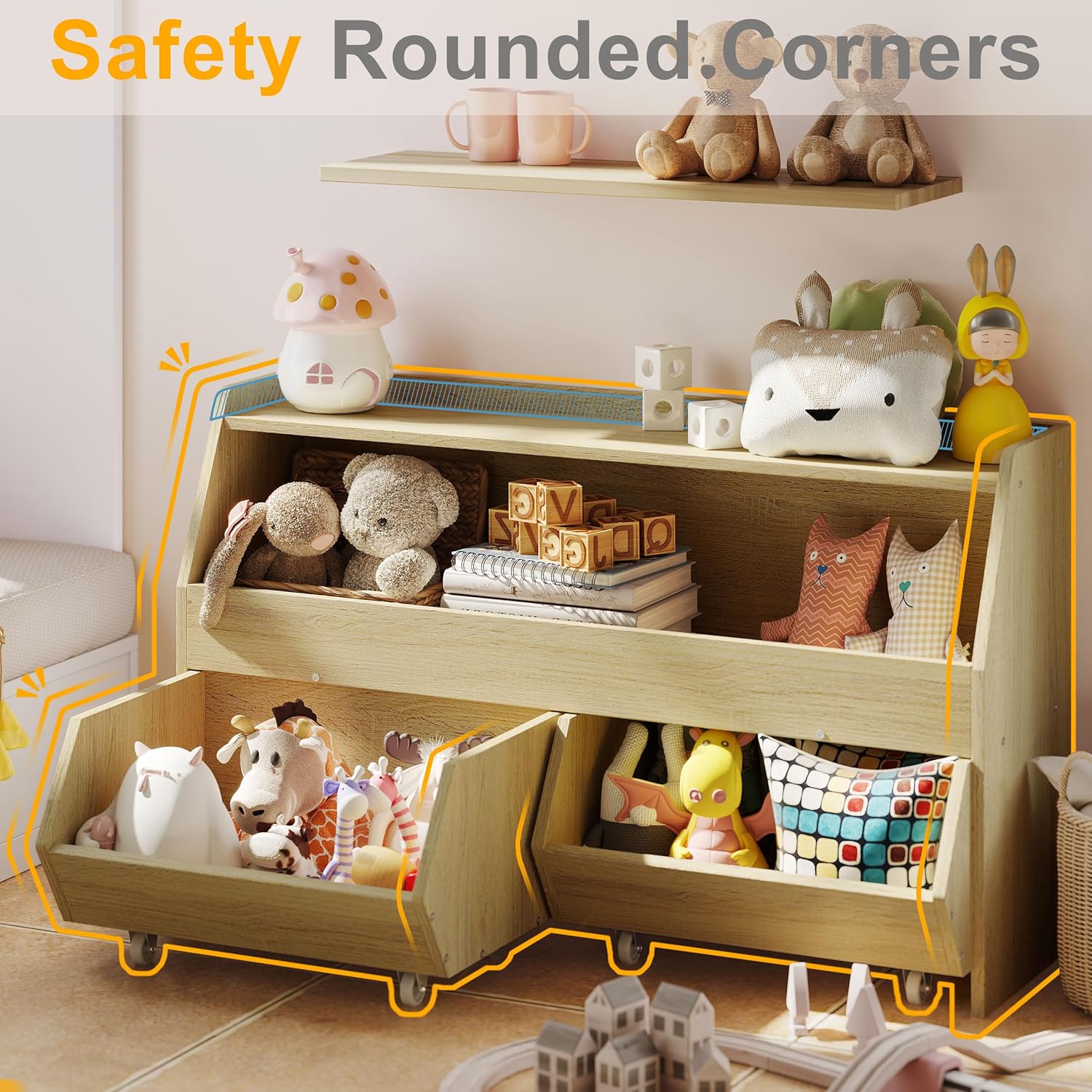 Toy Storage Organizer for Kids, Toy Storage Cabinet with Drawers, Boys and Girls Toy Shelf with Wheels, Toy Organizer Kids Bookshelf with Storage for Nursery, Playroom, Bedroom (Burlywood)