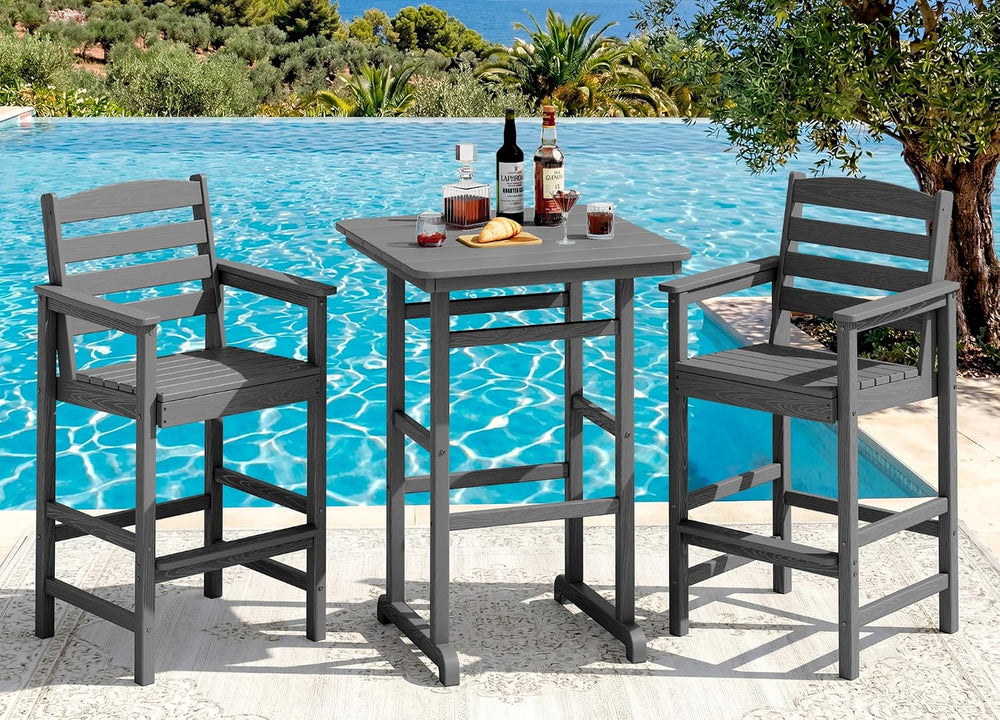 SERWALL 3 Pcs HDPE Bar Height Adirondack Chairs and Bar Table Set, Grey
